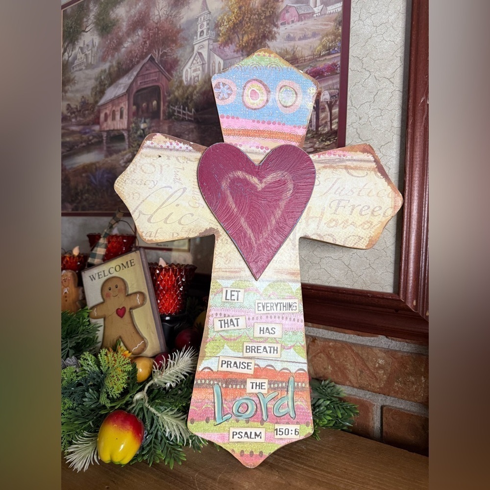 16” Colorful Decorative Cross with Heart Psalms 150:6